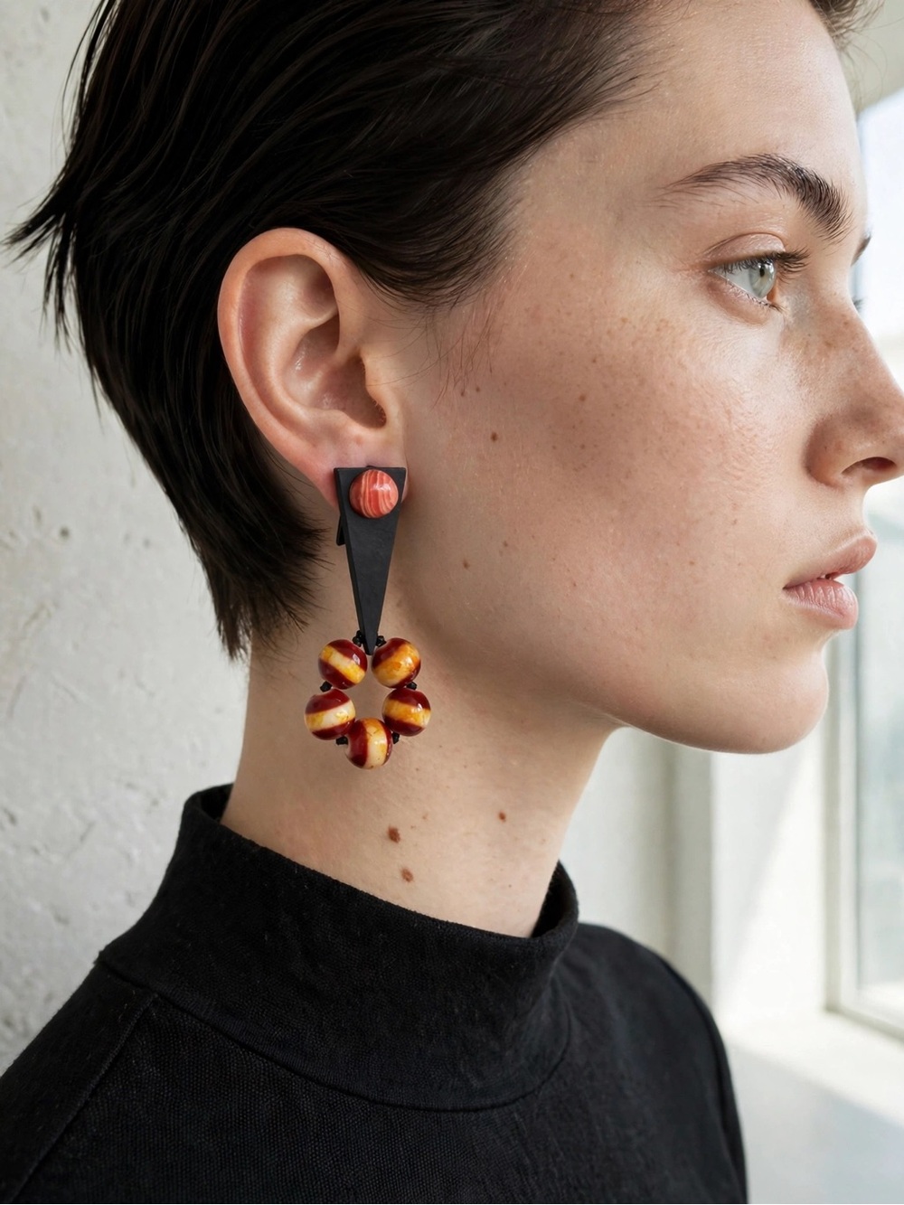 NWT Black & Red Clip On Earrings Vintage Style Statement Dangles E092